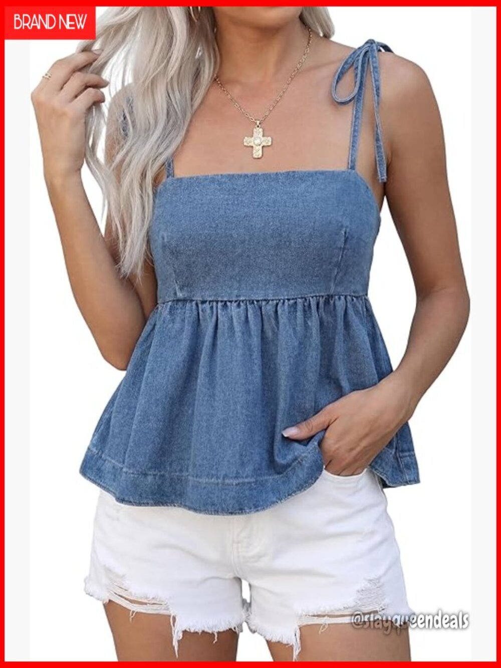 Denim Vest Top with Ruffle Hem and Tie Shoulder Peplum Babydoll Style